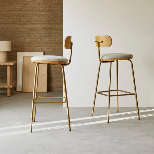 Tikamoon Barstoel in licht massief eikenhout, grijze stof en metaal - Brons