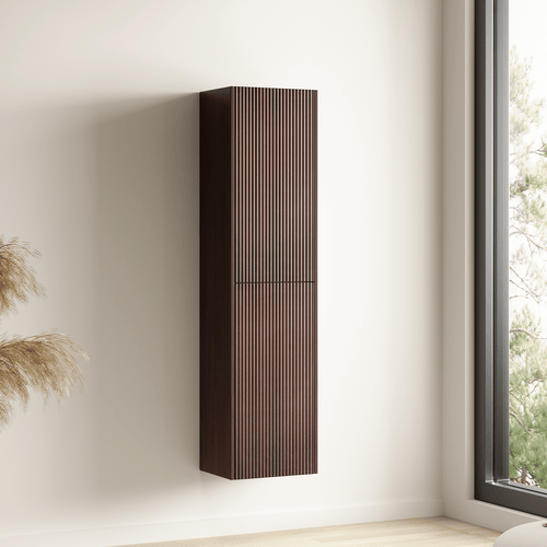 LOMAZOO badmeubelset Tropani - geribbeld - opbouw - met hoge kast & witte waskom - walnoot - 100 cm