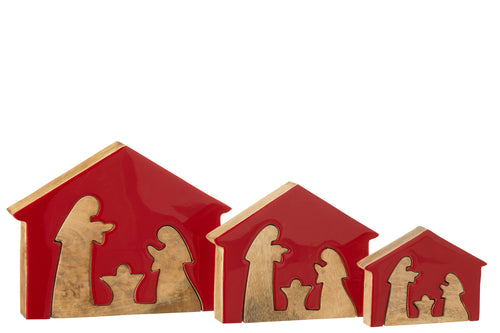 J-Line decoratie Kerststal in Huis - hout - rood/naturel - large