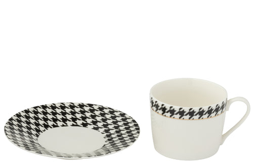 J-Line koffietas + bord Pied-Poule - porselein - wit/zwart - doos van 4 - vtwonen shop