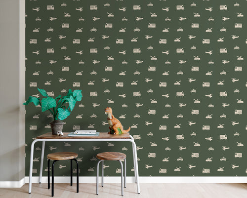 ESTAhome behang auto's, brandweerauto's, helikopters en kranen vergrijsd olijfgroen - 50 x 900 cm - 131455 - vtwonen shop