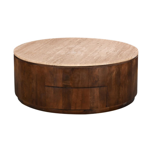 Giga Meubel Salontafel Elan Rond - Travertin - Walnoot - 90x90x35cm - Incl. Lades - vtwonen shop