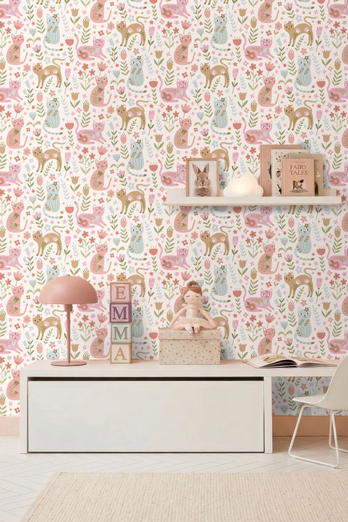 ESTAhome behang katjes roze, blauw, paars en groen - 50 x 900 cm - 132180