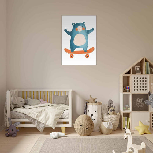 Artfulprints Poster Skatende beer   - A4 21x29.7 cm - Blauw