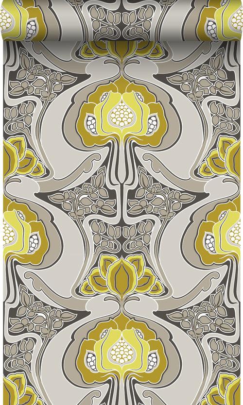 Origin Wallcoverings behang jugendstil bloemmotief okergeel en grijs - 53 cm x 10,05 m - 347206 - vtwonen shop