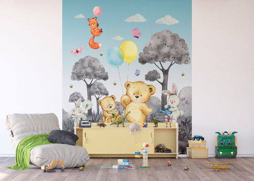 Sanders & Sanders fotobehang bos met bosdieren grijs en blauw - 270 x 225 cm - 601206