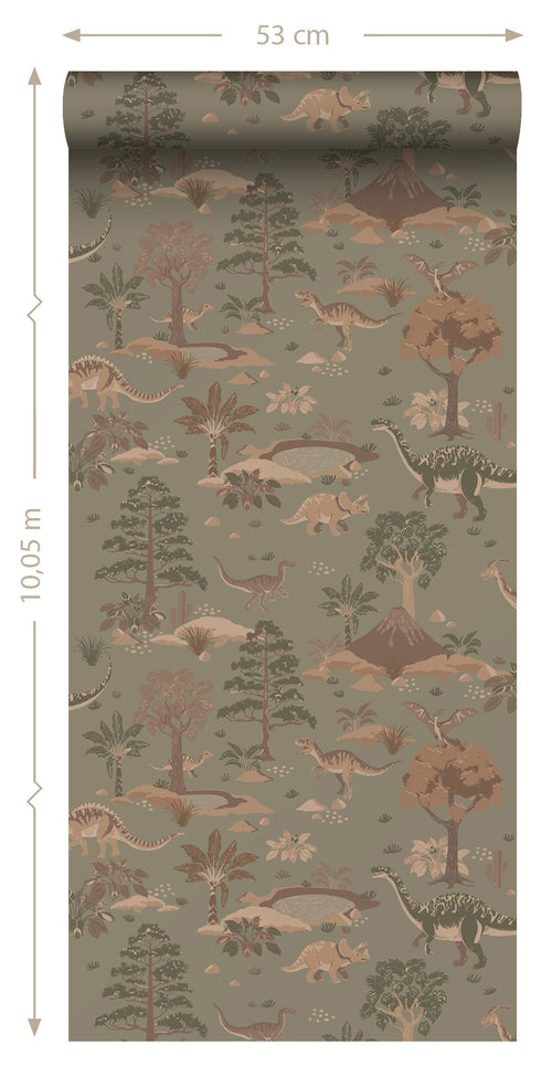 ESTAhome behang dinosaurussen vergrijsd groen en bruin - 50 x 900 cm - 131657 - vtwonen shop