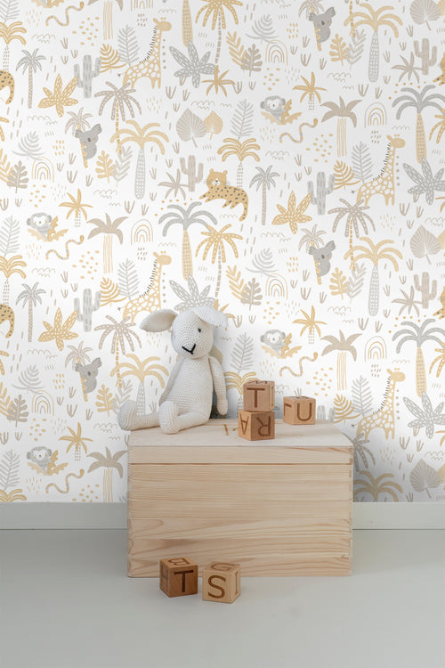 Sanders & Sanders behang jungle dieren okergeel, grijs en beige - 53 cm x 10 m - 640450