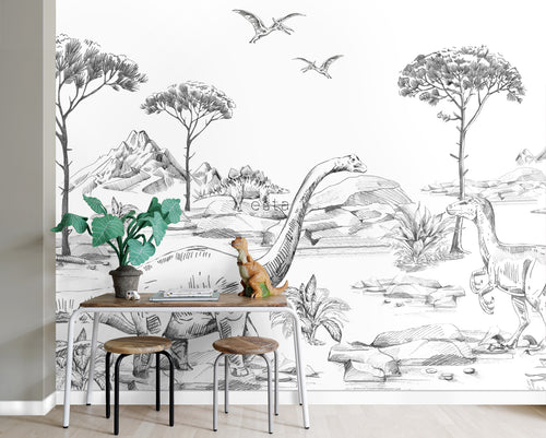 ESTAhome fotobehang dinosaurussen zwart wit - 300 x 279 cm - 159063
