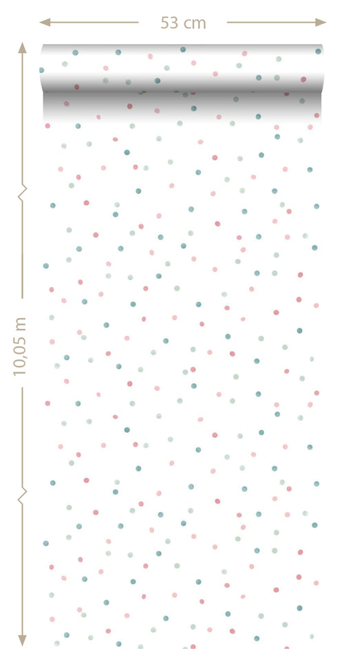 ESTAhome behang stippen roze, mintgroen en vergrijsd blauw - 53 cm x 10.05 m - 139049