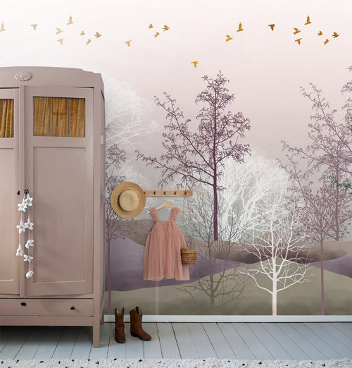 Sanders & Sanders fotobehang bosrijk landschap paars, beige en wit - 375 x 270 cm - 600976 - vtwonen shop