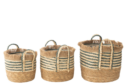 J-Line bloempot Ubeda - riet/kunststof - naturel/blauw - 3 stuks - Ø 29 cm - vtwonen shop