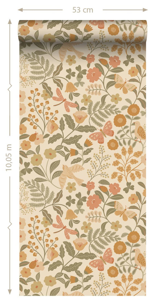 ESTAhome behang bloemen en vogels oranje en vergrijsd groen - 53 cm x 10.05 m - 131393