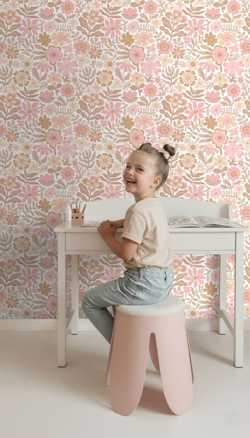 ESTAhome behang bloemetjes wit, beige en roze - 50 x 900 cm - 132288