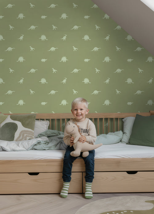 ESTAhome behang dinosaurussen vergrijsd groen - 50 x 900 cm - 131804