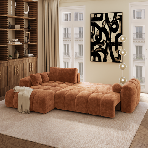 Premium Interiors - Linkshoekbank met slaapfunctie en opbergruimte SKY - gewaafd fluweel terracotta 310cm