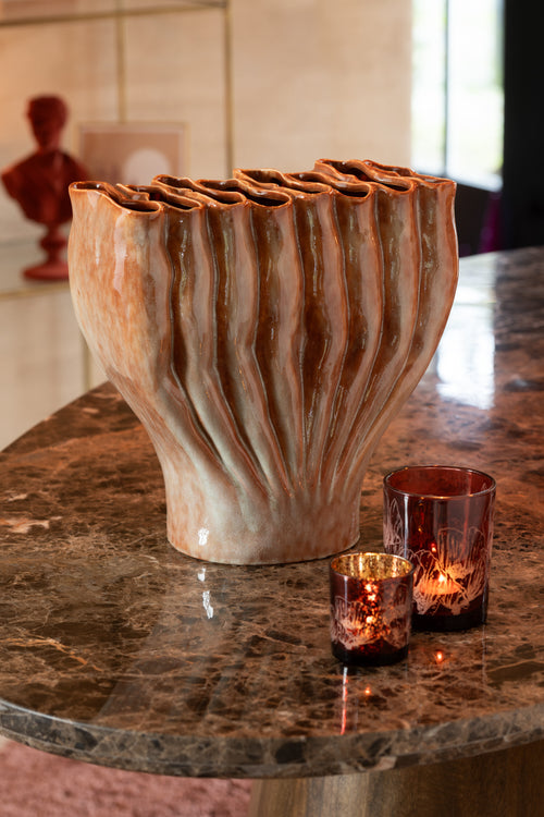 J-Line windlicht Bloemen - glas - bordeaux - medium - 2 stuks