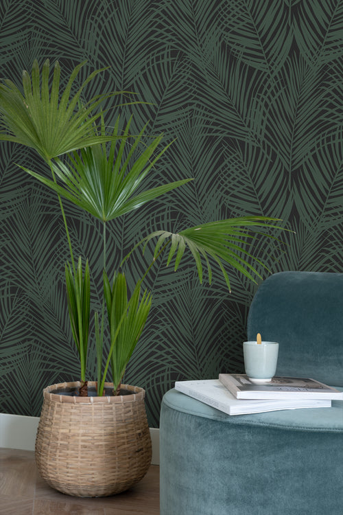 ESTAhome behang palmbladeren donkergroen en zwart - 53 cm x 10.05 m - 139157 - vtwonen shop
