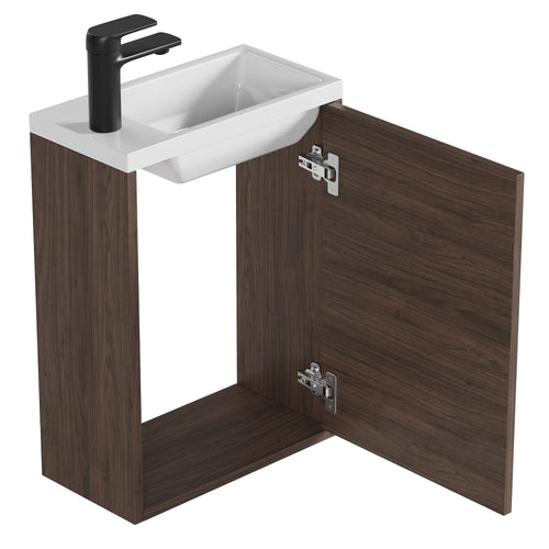 Badplaats Toiletmeubel Florence 40 x 22 cm – Walnoot Bruin – Fonteinmeubel met Witte Wastafel