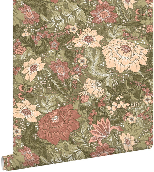 ESTAhome behang vintage bloemen groen en oudroze - 50 x 900 cm - 131196