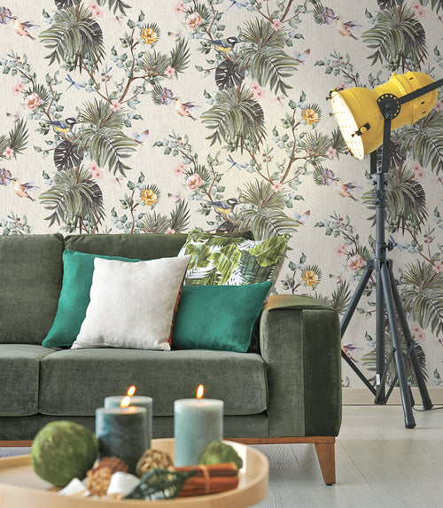 Sanders & Sanders behang tropische jungle bladeren en paradijsvogels vergrijsd groen - 53 cm x 10 m - 640002 - vtwonen shop