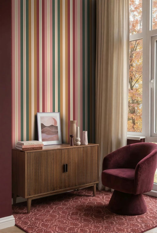 ESTAhome behang strepen roze, bruin, groen en bordeaux rood - 50 x 900 cm - 132039