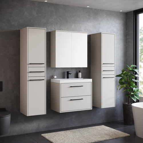 Badplaats Badkamermeubel Set Florence 60 cm XL – Beige – Hangend Badmeubel met Wastafel, Spiegelkast en Zijkasten