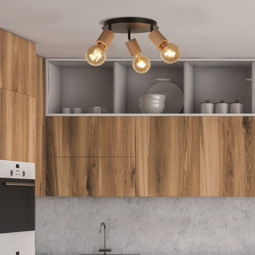 Spinny Ronde spot met 3 lichtpunten - hout en zwart metaal
