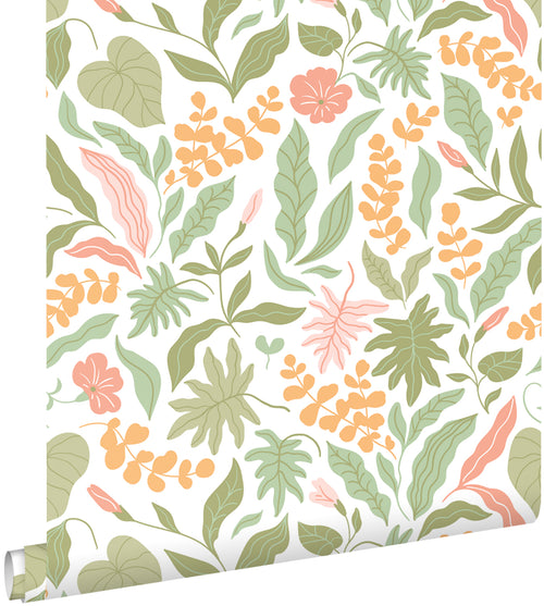 ESTAhome behang bladeren en bloemen groen, roze en oranje - 50 x 900 cm - 131048 - vtwonen shop