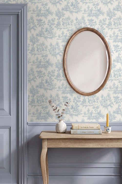 ESTAhome behang toile de jouy print lichtblauw - 50 x 900 cm - 132095