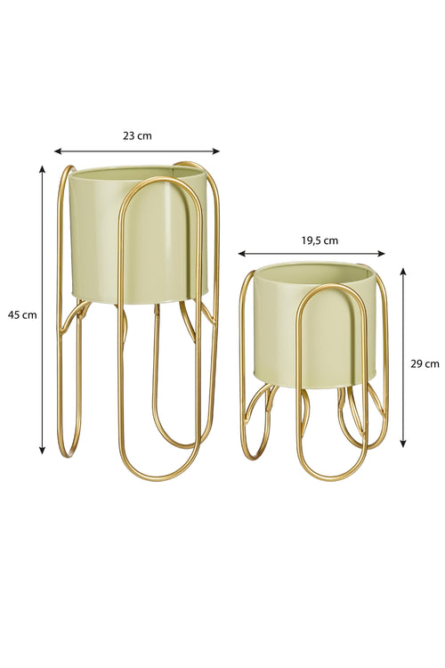Mica Decorations Donau Bloempot op Standaard - Set van 2 - Metaal - H45 x Ø23 cm - Lichtgroen, Goud