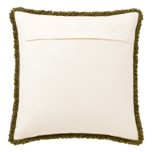 FRANCINE - sierkussen 45x45 cm - 100% katoen - bladmotief en franjes - Green Moss - groen, wit