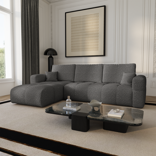 Premium Interiors - Linkshoekbank met slaapfunctie en opbergruimte VIBE - bouclé-stof grafietgrijs 286cm