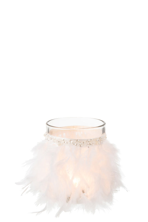 J-Line theelichthouder Veren  - glas - wit/transparant - large