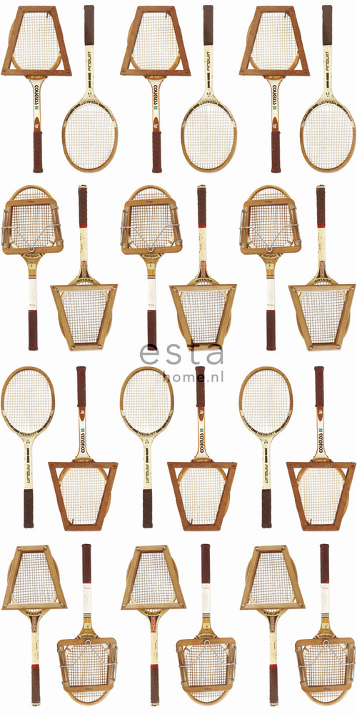 ESTAhome XXL behang vintage tennisrackets wit, bruin en beige - 50 x 900 cm - 158801 - vtwonen shop