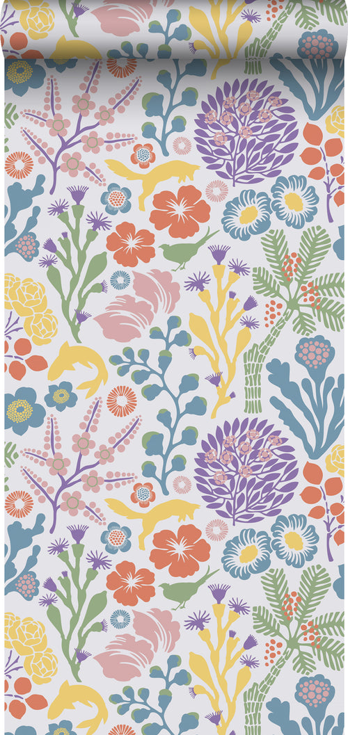 Borastapeter behang tropische bladeren en bloemen paars, geel en blauw - 53 cm x 10.05 m - 660795