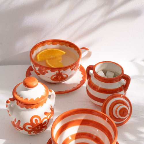 J-Line kopje + schoteltje Granada - keramiek - wit/oranje