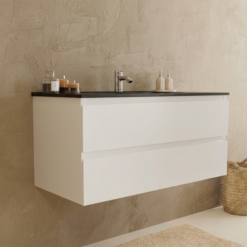 LOMAZOO badmeubelset Verona - met kolomkast & zwarte wastafel - glanzend wit - 100 cm