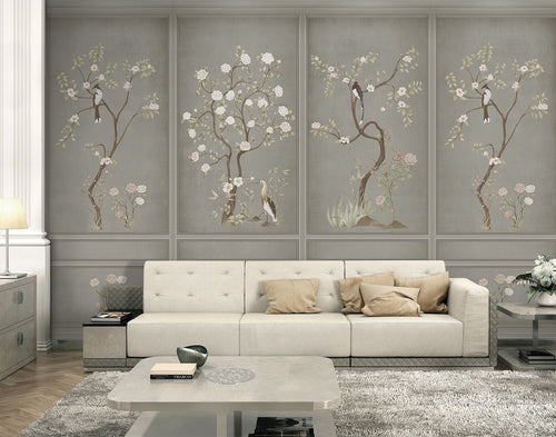 Sanders & Sanders fotobehang bloemen en vogels grijs - 318 x 280 cm - 640806