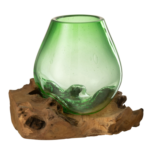 J-Line vaas op voet Gamal - hout/glas - naturel/groen - medium - 19 cm hoog - vtwonen shop