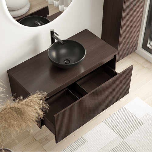 LOMAZOO badmeubelset Tropani - geribbeld - opbouw - met hoge kast & zwarte waskom - walnoot - 100 cm