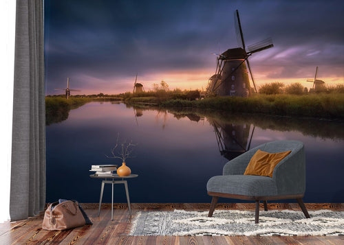 Sanders & Sanders fotobehang molens donkerblauw, paars en groen - 375 x 270 cm - 601024 - vtwonen shop