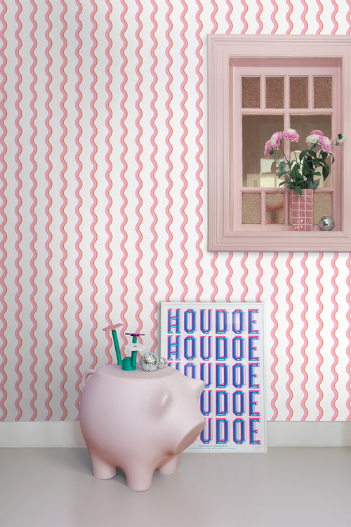 ESTAhome behang golvende strepen roze, oranje en wit - 50 x 900 cm - 131722