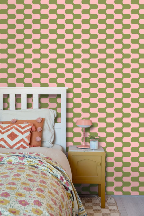 ESTAhome behang golvende lijnen groen en roze - 50 x 900 cm - 131835