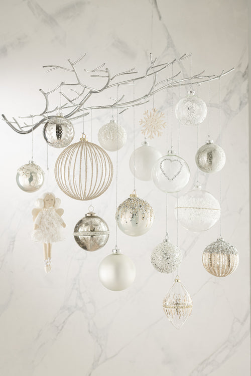 J-Line kerstbal Krullen Glitter - glas - transparant/zilver - small - doos van 6