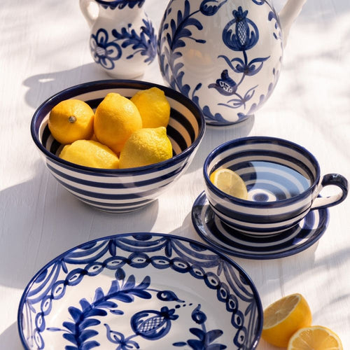 J-Line kopje + schoteltje Granada Stripes - keramiek - wit/blauw