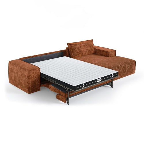 Premium Interiors - Rechthoekige hoekbank met snelle slaapfunctie JUNE - gewaafd fluweel terracotta 320cm