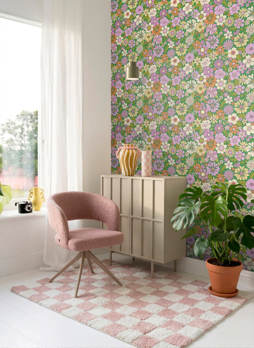 ESTAhome behang retro bloemen groen, paars, beige en oranje - 50 x 900 cm - 131808