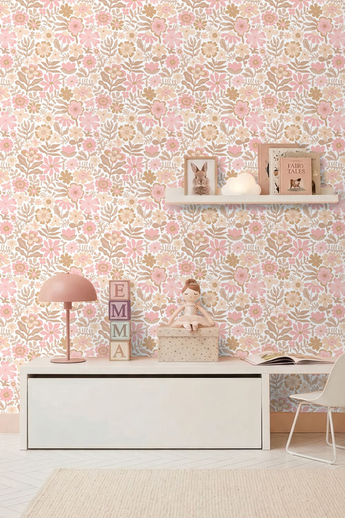 ESTAhome behang bloemetjes wit, beige en roze - 50 x 900 cm - 132288
