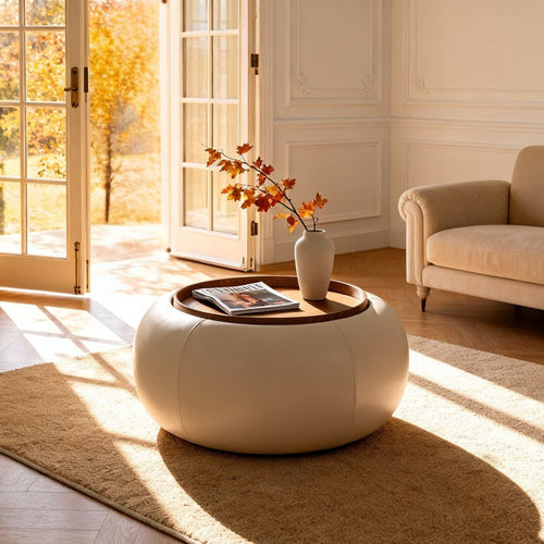 DÉJA Living Salontafel Draby - Rond Beige/Walnoot - Incl. Opbergruimte - 73cm